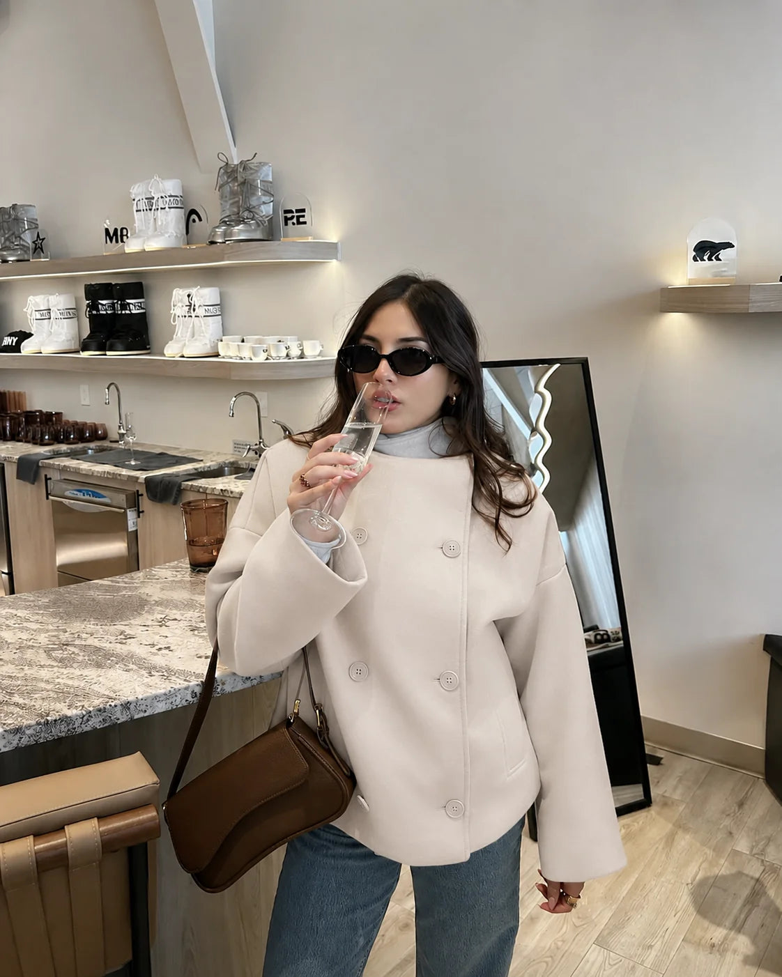 Women's Stand-Collar Double-Breasted Jacket in Beige – product view | Hensley London