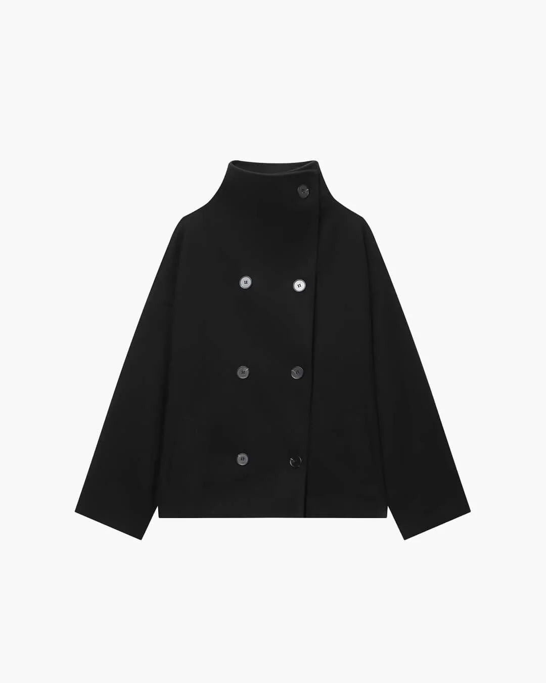 Women's Stand-Collar Double-Breasted Jacket in Black – product view | Hensley London