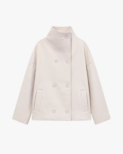 Women's Stand-Collar Double-Breasted Jacket in Beige – product view | Hensley London