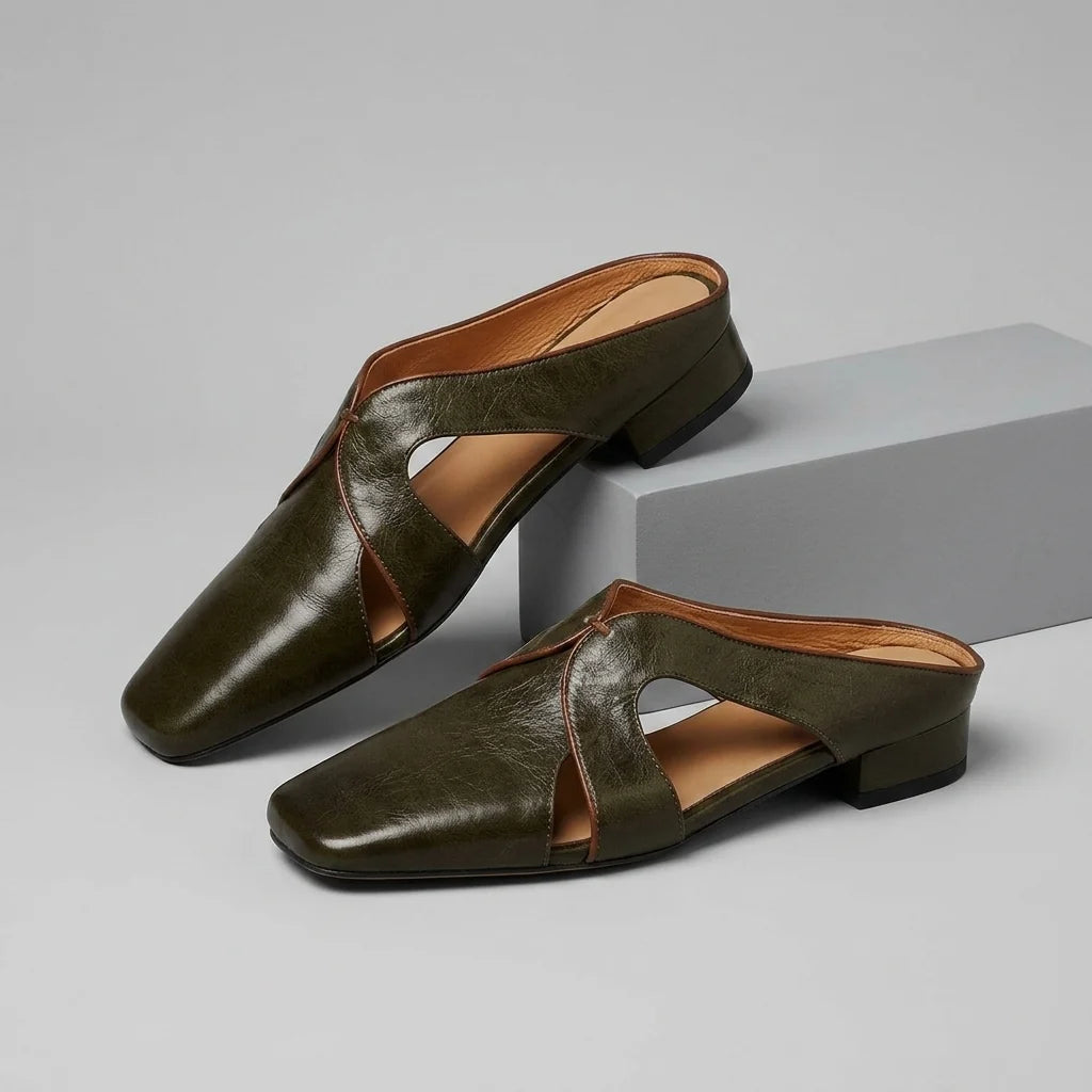 Women's Square-Toe Cutout Mules in Olive – product view | Hensley London