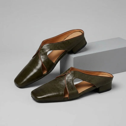 Women's Square-Toe Cutout Mules in Olive – product view | Hensley London