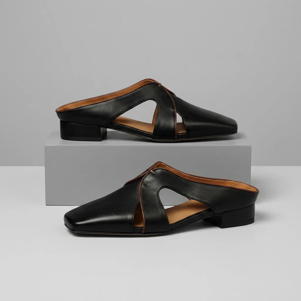 Women's Square-Toe Cutout Mules in Charcoal – product view | Hensley London