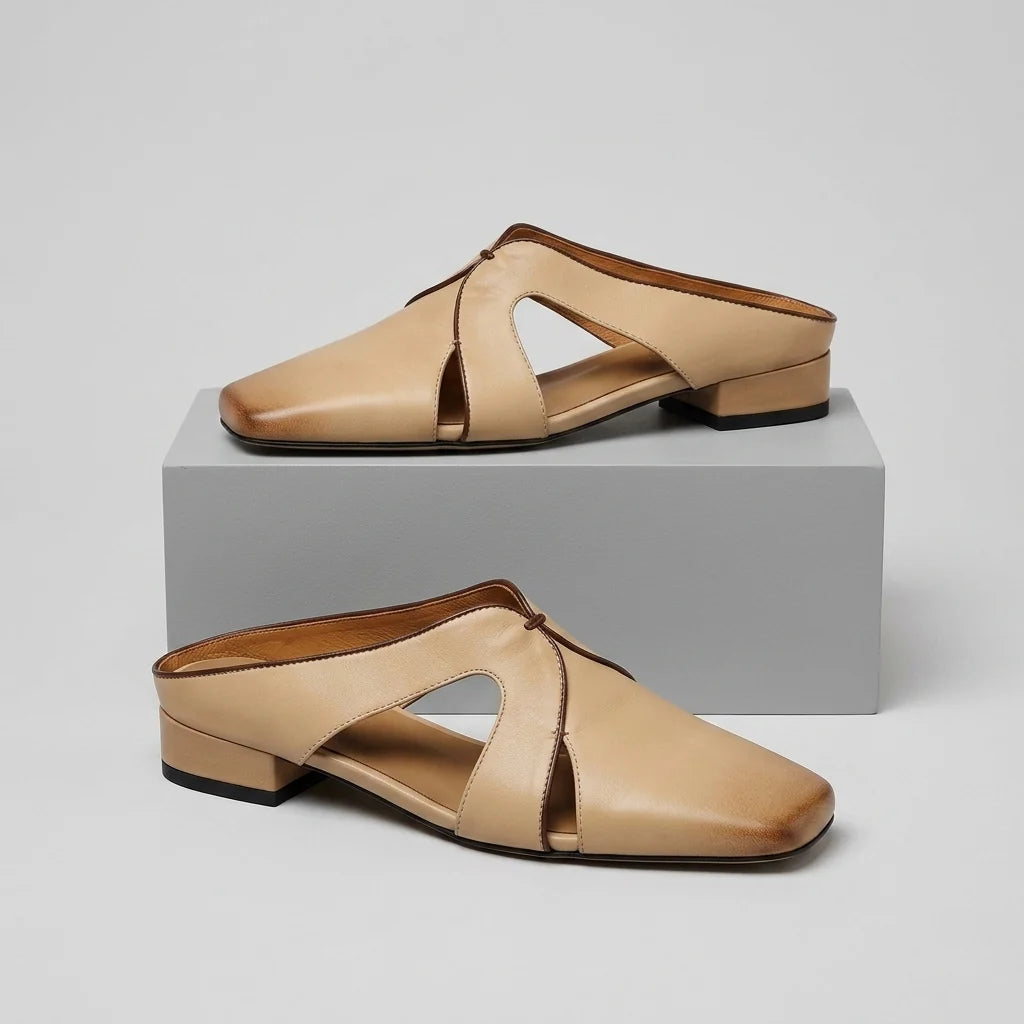 Women's Square-Toe Cutout Mules in Beige – product view | Hensley London