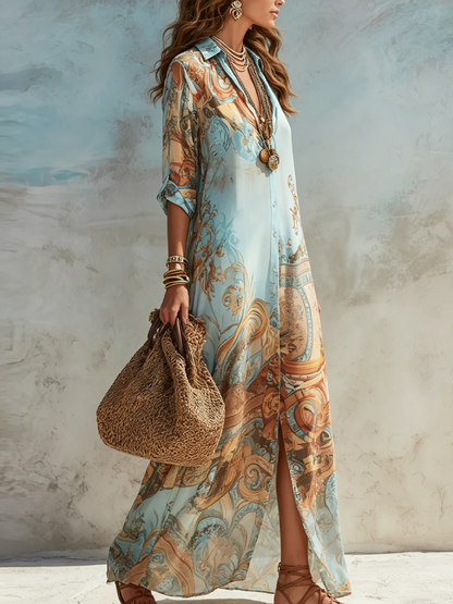 Women's Mediterranean Print Maxi Shirt Dress – Light & Breezy