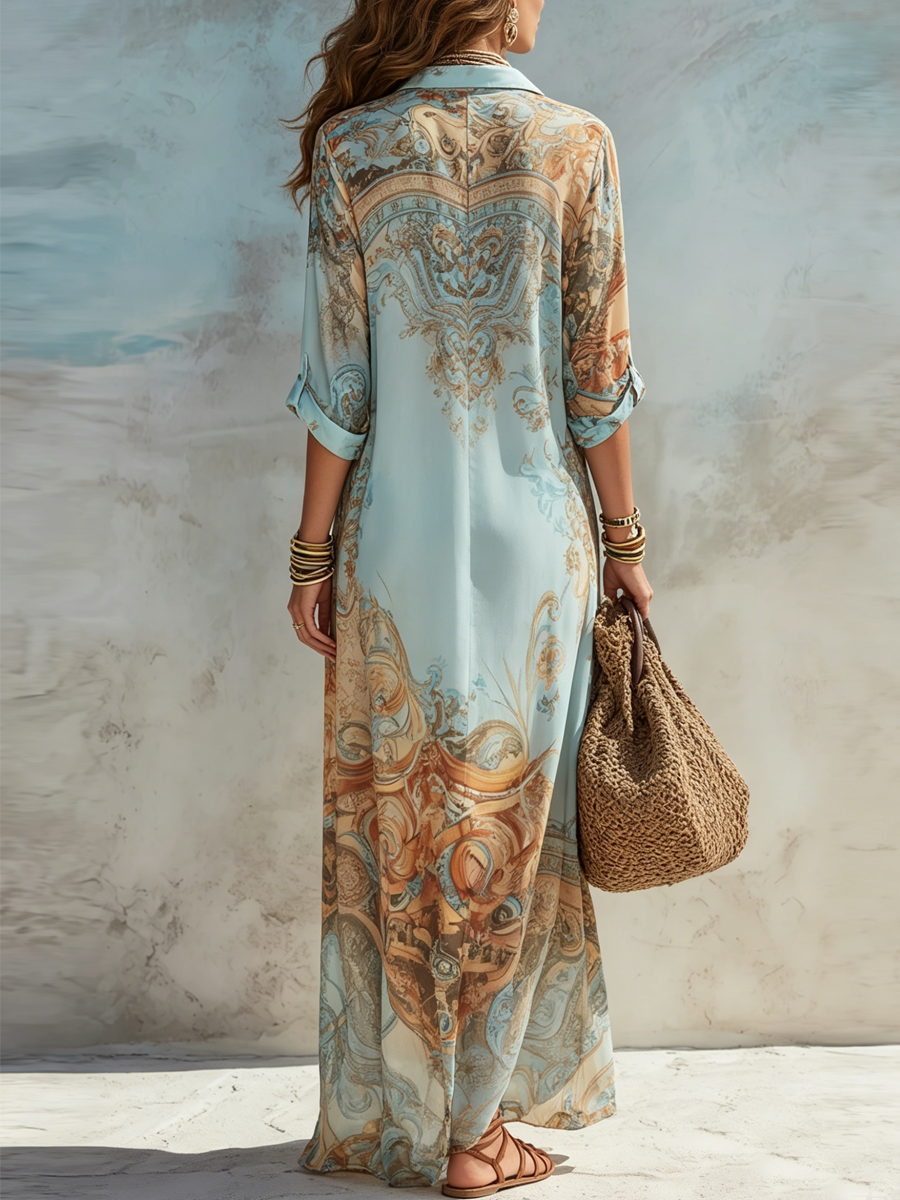 Women's Mediterranean Print Maxi Shirt Dress – Light & Breezy