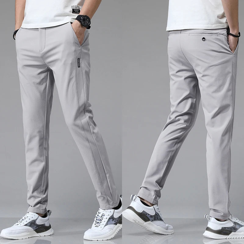 Men's Stretch Slim-Fit Trousers in Gray - product view | Hensley London