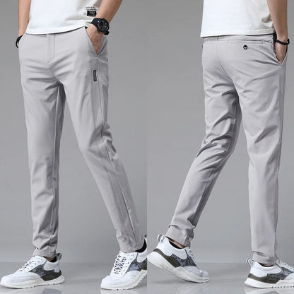 Men's Stretch Slim-Fit Trousers in Gray - product view | Hensley London
