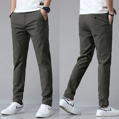 Men's Stretch Slim-Fit Trousers in Army Green - product view | Hensley London