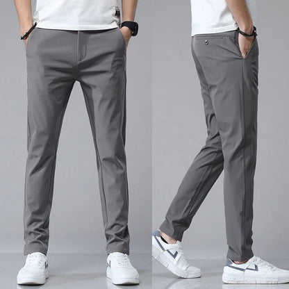Men's Stretch Slim-Fit Trousers in Dark Gray - product view | Hensley London