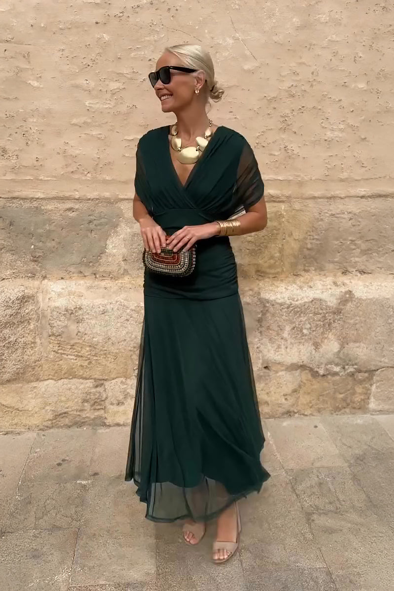 Women's Pleated V-Neck Maxi Dress – product view | Hensley London