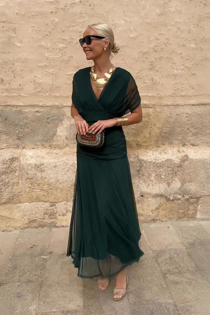 Women's Pleated V-Neck Maxi Dress – product view | Hensley London
