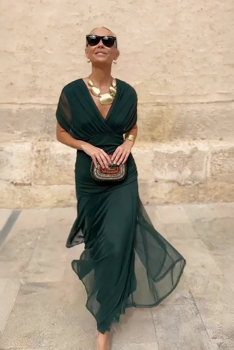 Women's Pleated V-Neck Maxi Dress – product view | Hensley London