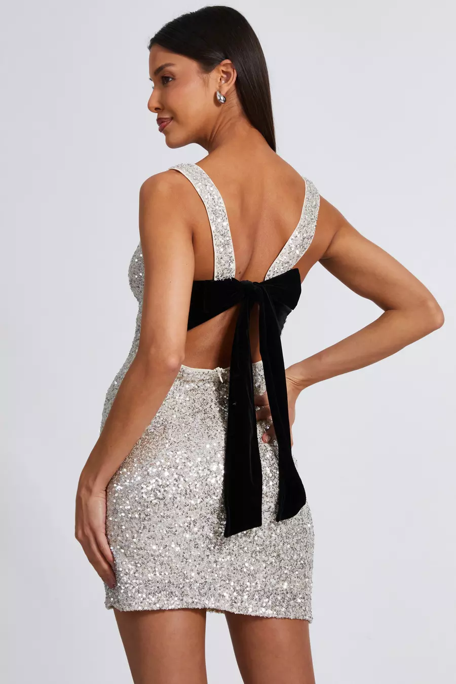 Women's Mini Dress Black Sequin Stretch - 5