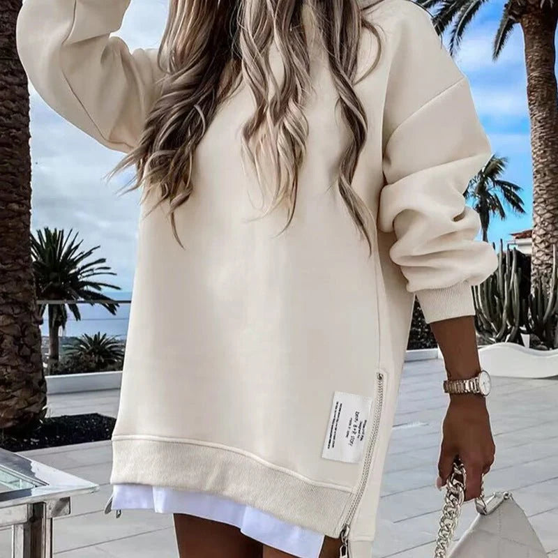 Women's Relaxed Crew-Neck Longline Sweatshirt in Apricot – Product view | Hensley London