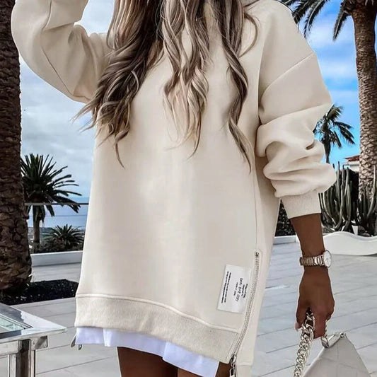 Women's Relaxed Crew-Neck Longline Sweatshirt in Apricot – Product view | Hensley London
