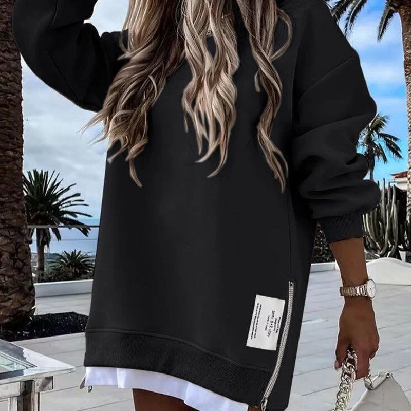Women's Relaxed Crew-Neck Longline Sweatshirt in Black – Product view | Hensley London