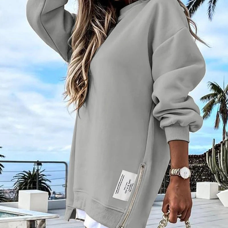Women's Relaxed Crew-Neck Longline Sweatshirt in Gray – Product view | Hensley London