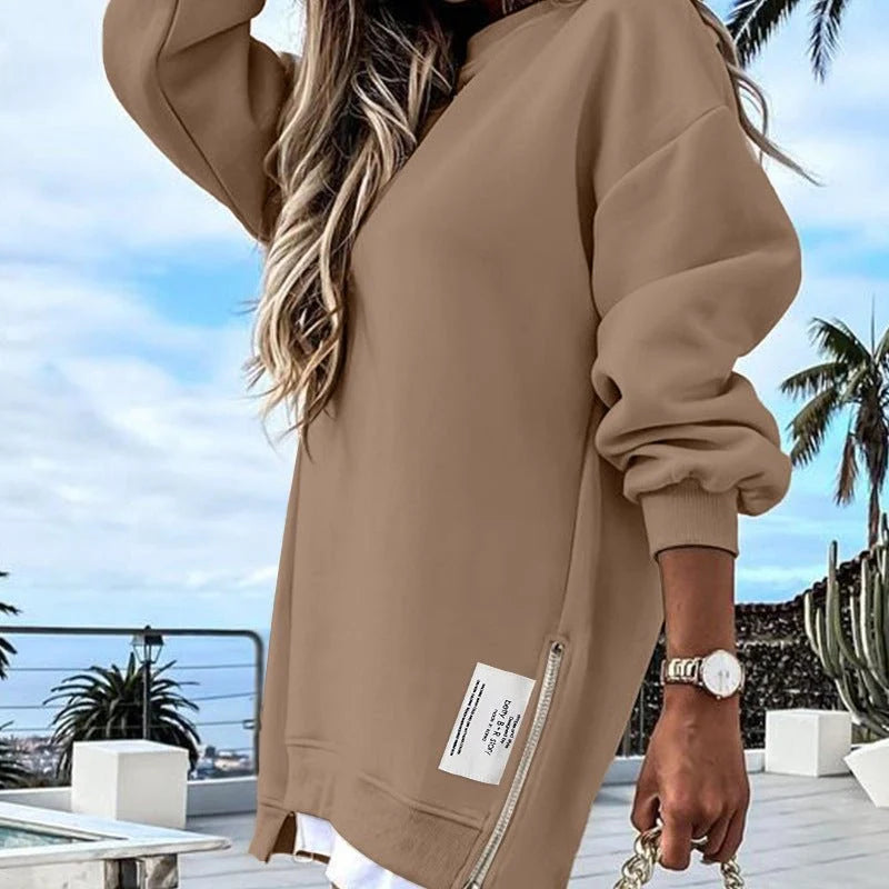 Women's Relaxed Crew-Neck Longline Sweatshirt in Coffee – Product view | Hensley London