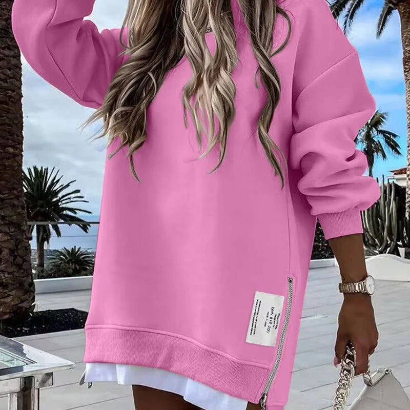 Women's Relaxed Crew-Neck Longline Sweatshirt in Pink – Product view | Hensley London