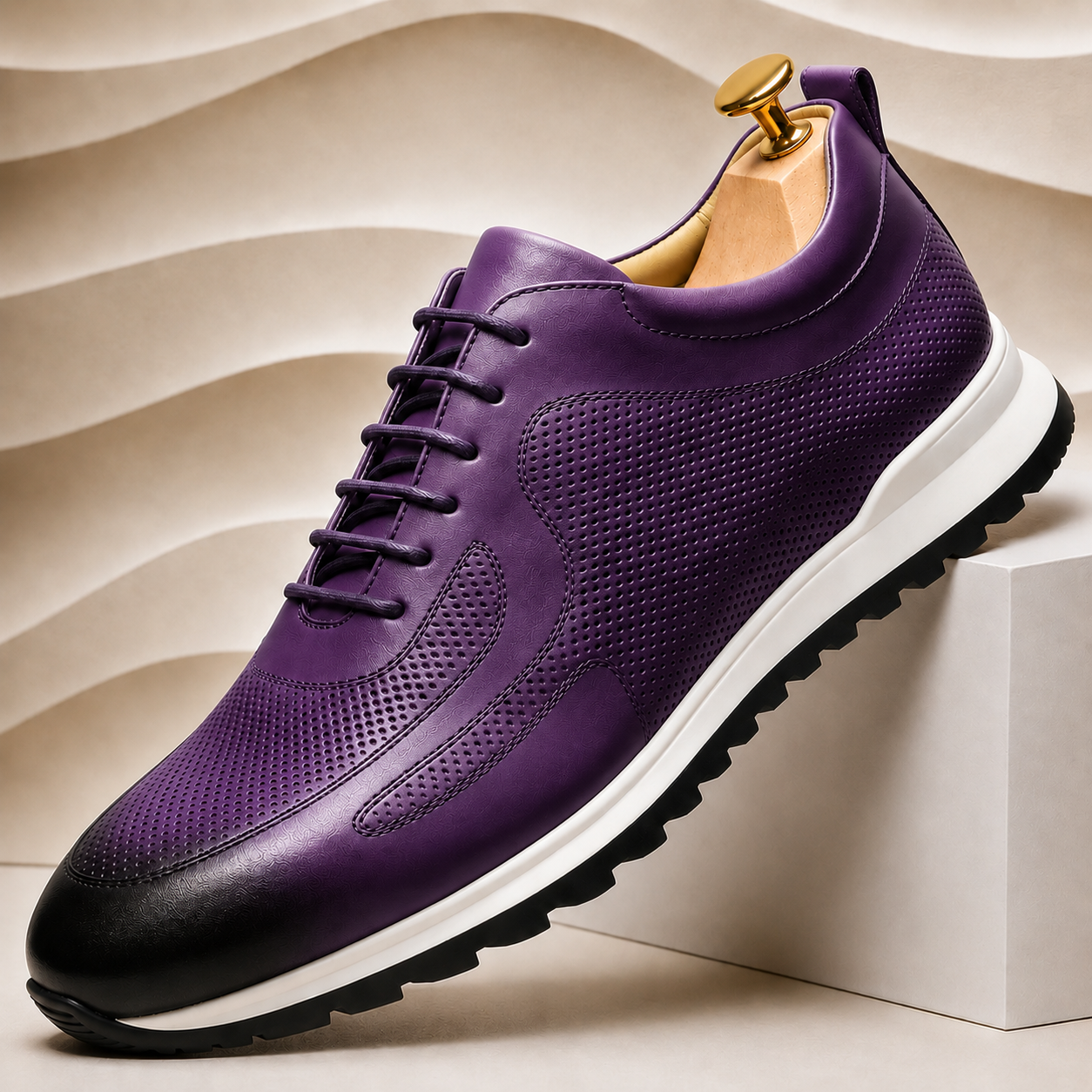 Men's Perforated Leather Lace-Up Sneakers in Purple - product view | Hensley London