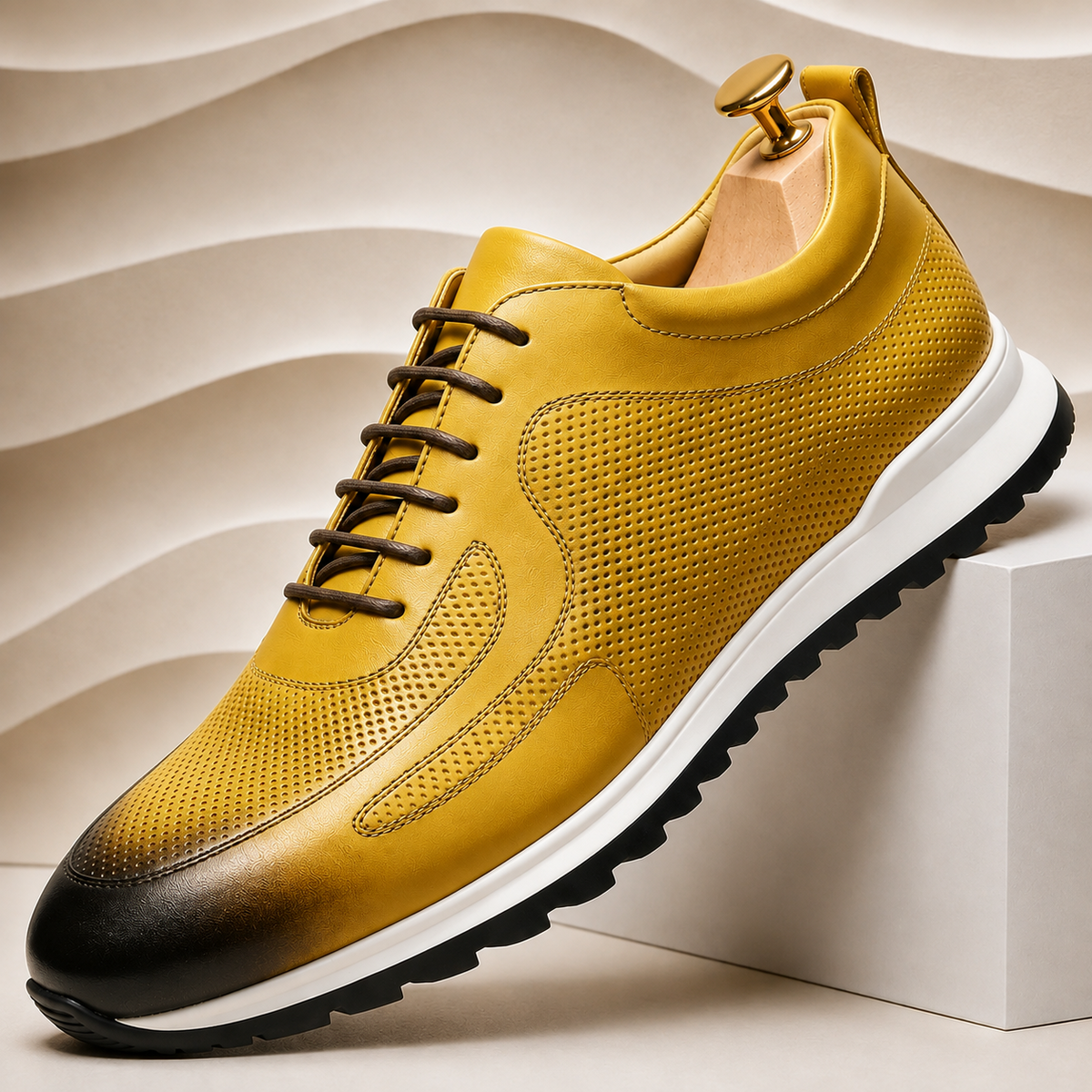 Men's Perforated Leather Lace-Up Sneakers in Yellow - additional view 2 | Hensley London