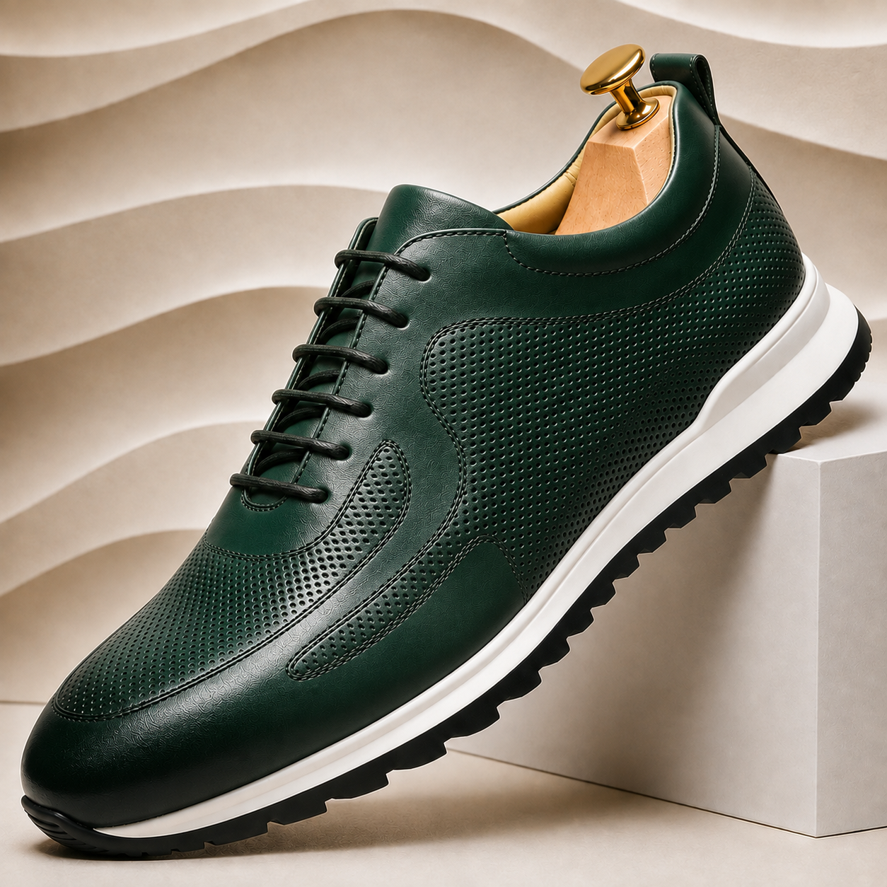 Men's Perforated Leather Lace-Up Sneakers in Green - additional view 3 | Hensley London
