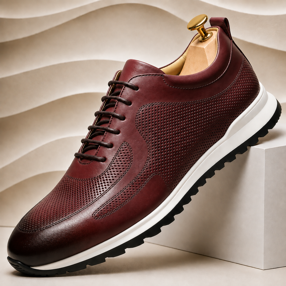 Men's Perforated Leather Lace-Up Sneakers in Red - additional view 4 | Hensley London