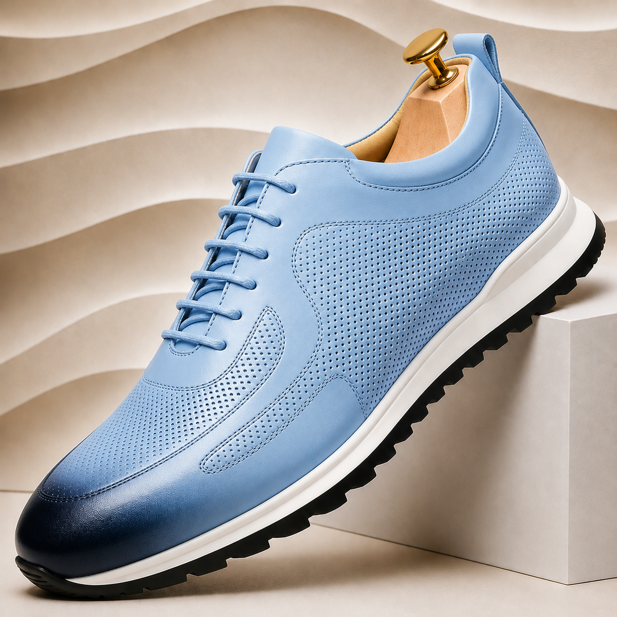 Men's Perforated Leather Lace-Up Sneakers in Sky Blue - additional view 5 | Hensley London