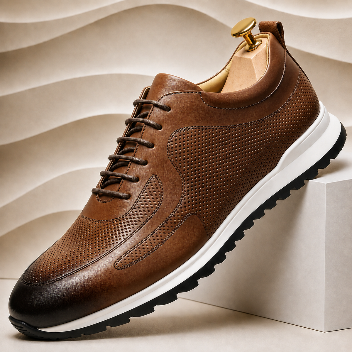 Men's Perforated Leather Lace-Up Sneakers in Light Brown - additional view 7 | Hensley London