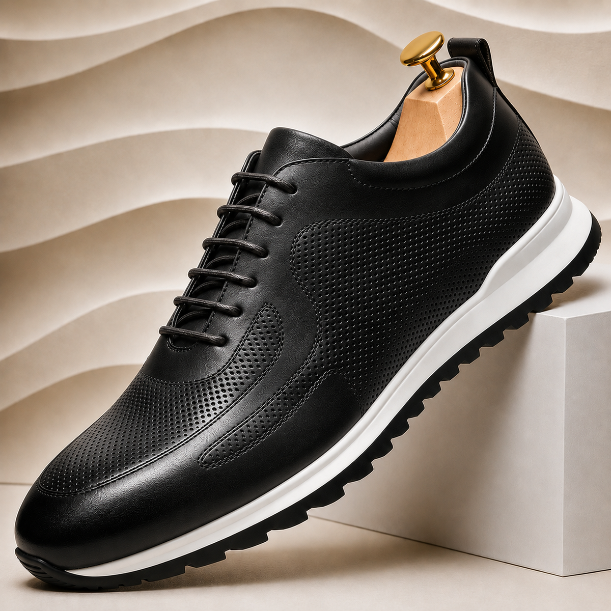 Men's Perforated Leather Lace-Up Sneakers in Black - additional view 8 | Hensley London