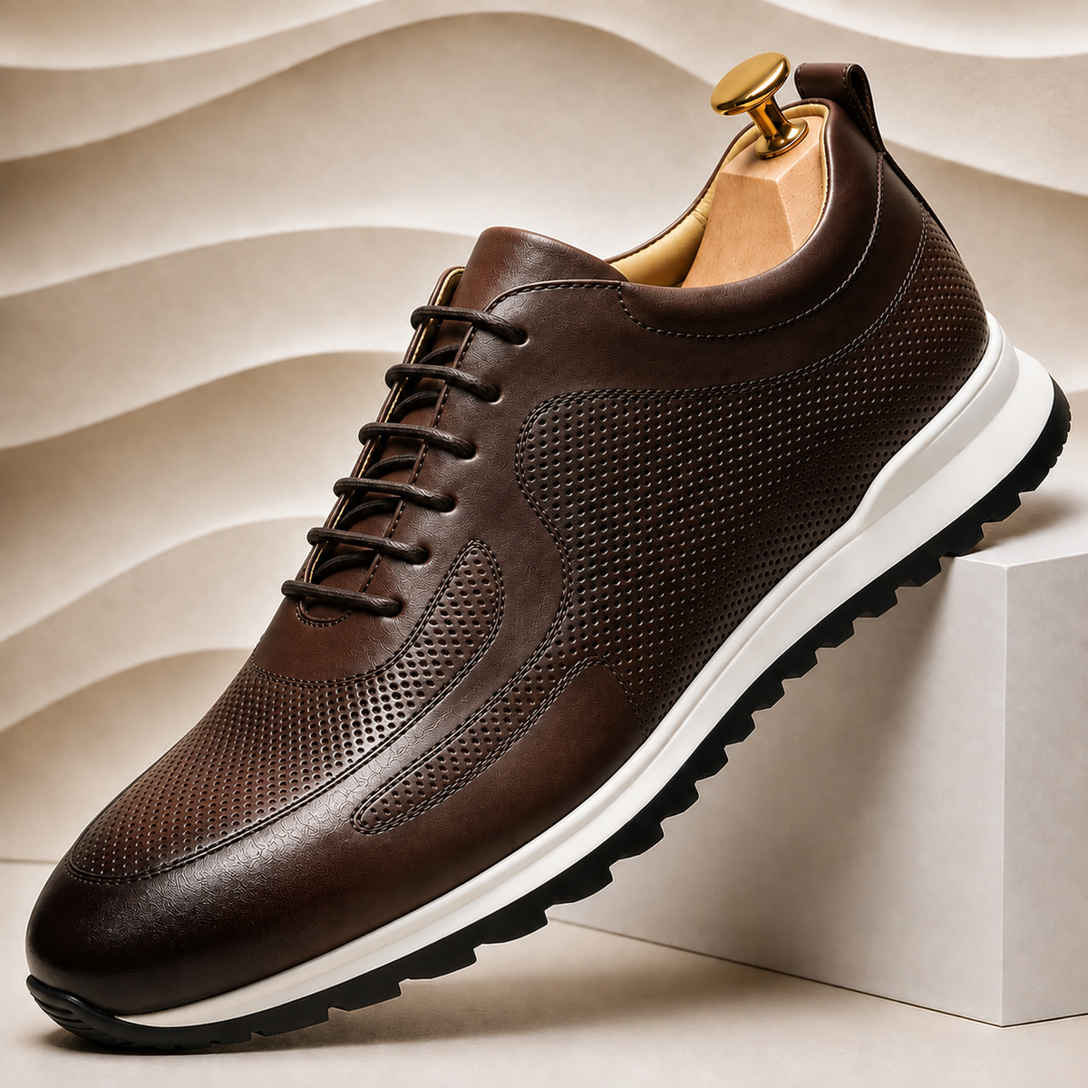 Men's Perforated Leather Lace-Up Sneakers in Dark Brown - additional view 9 | Hensley London