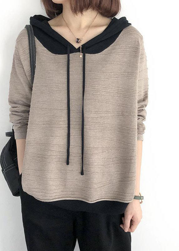 Women's Oversized Sweatshirt Khaki Cotton Hooded Drawstring - 1