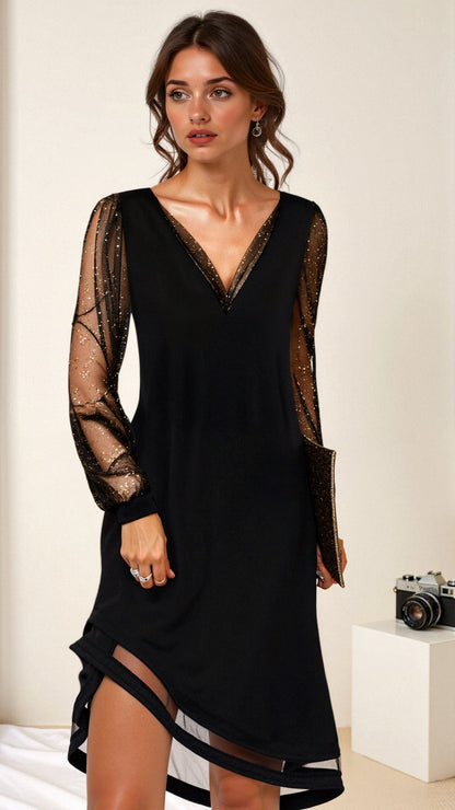 Women's Cocktail Dress Black Stretch Polyester with Shimmer Sleeves - 2