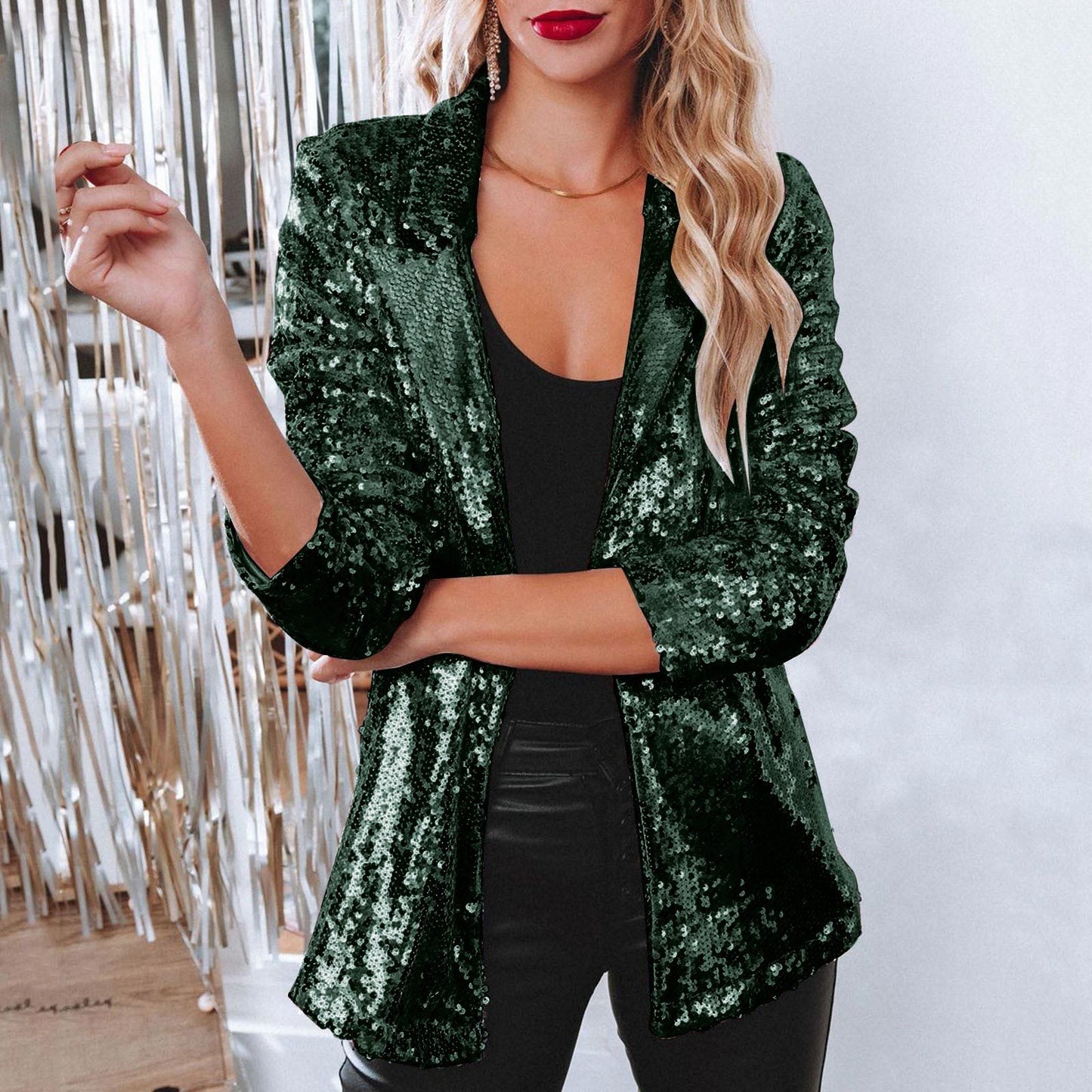 Women's Sequined Lapel Long-Sleeve Blazer in Green - additional view 2 | Hensley London