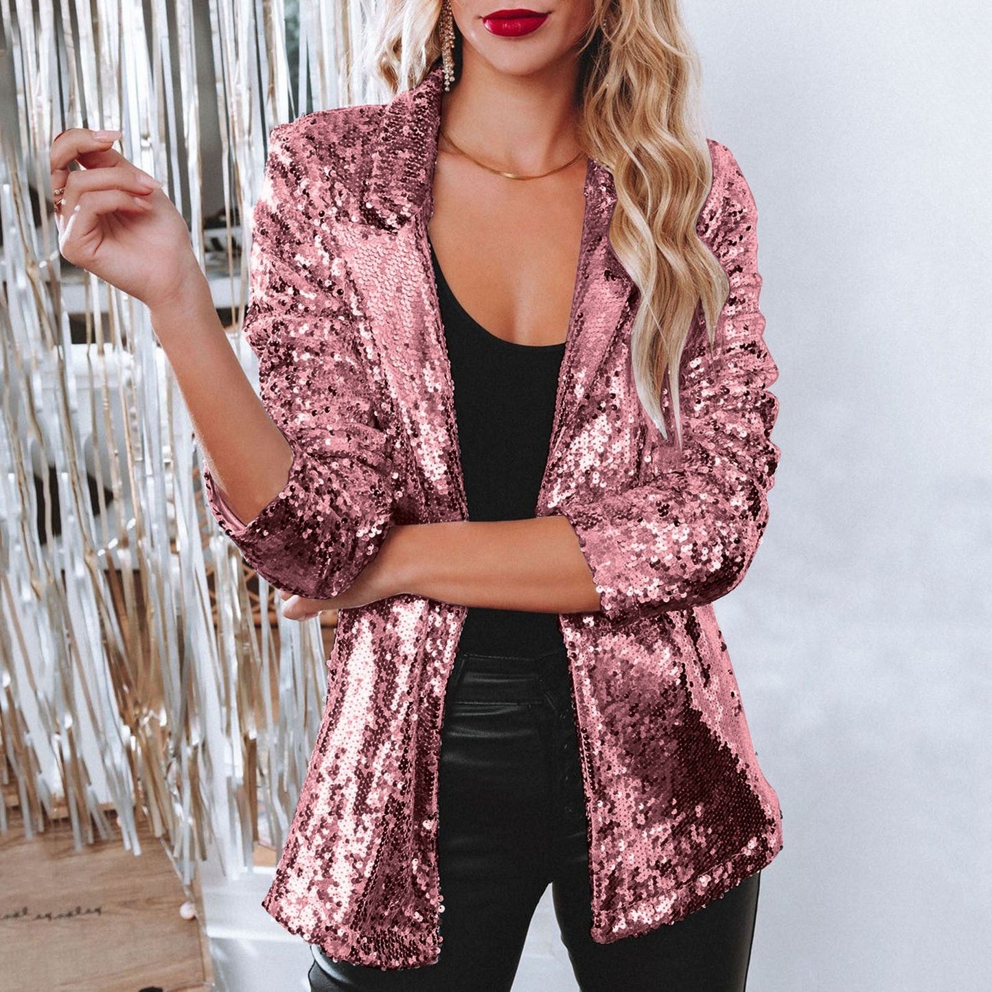 Women's Sequined Lapel Long-Sleeve Blazer in Pink - additional view 3 | Hensley London