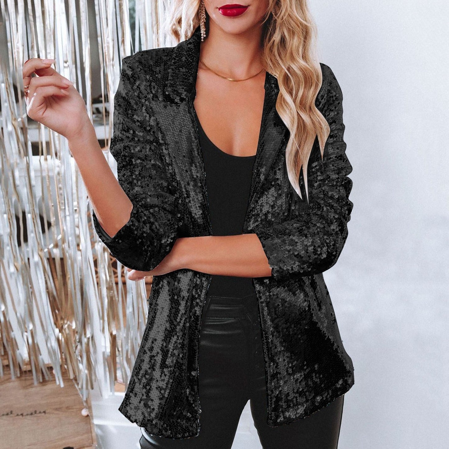 Women's Sequined Lapel Long-Sleeve Blazer in Black - additional view 4 | Hensley London