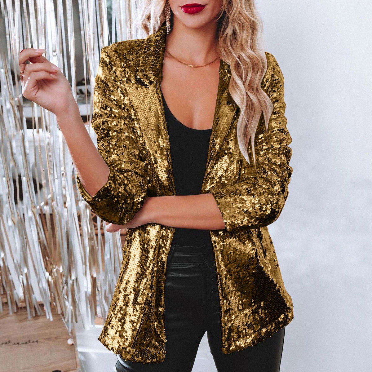 Women's Sequined Lapel Long-Sleeve Blazer in Gold - additional view 5 | Hensley London