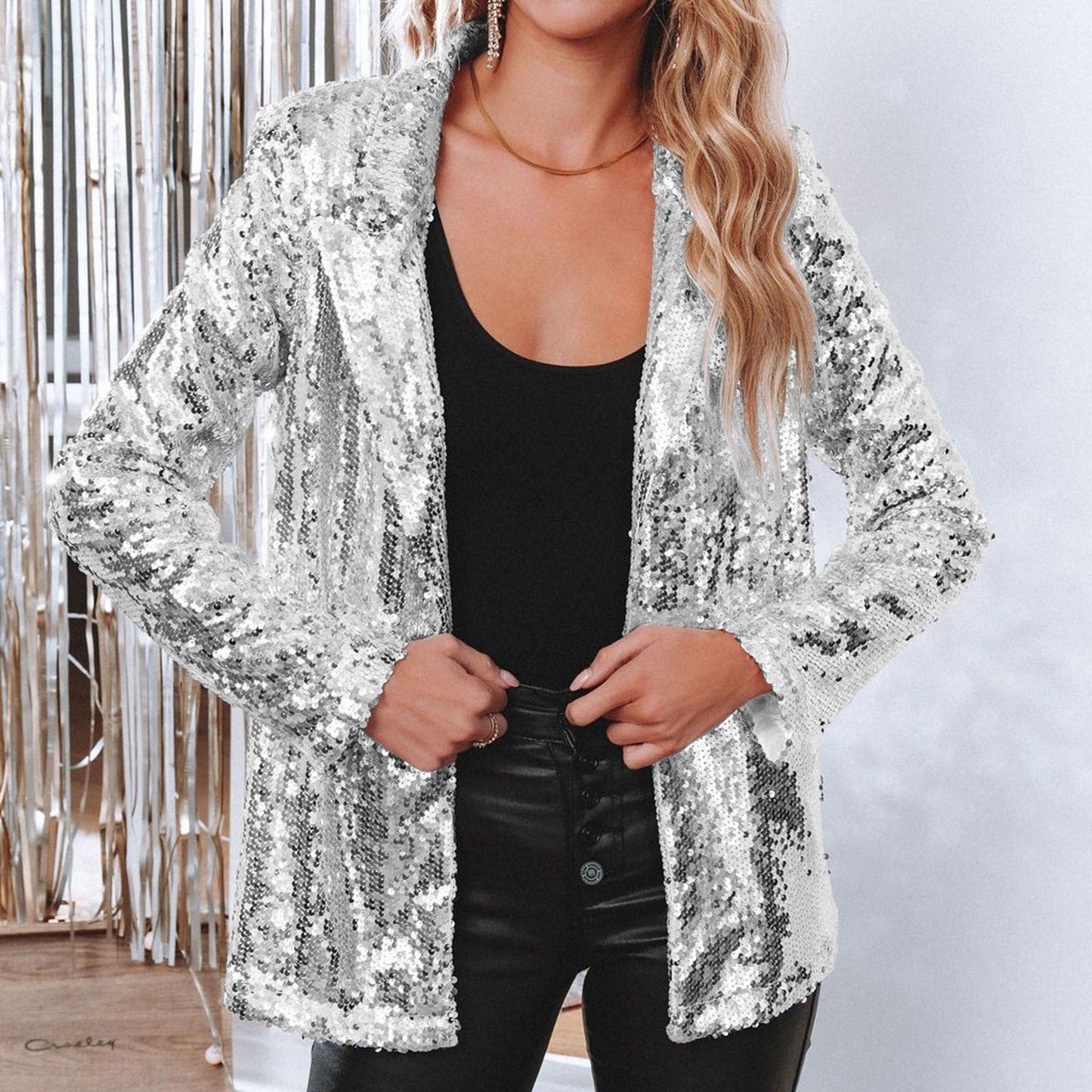 Women's Sequined Lapel Long-Sleeve Blazer in Silver - additional view 7 | Hensley London