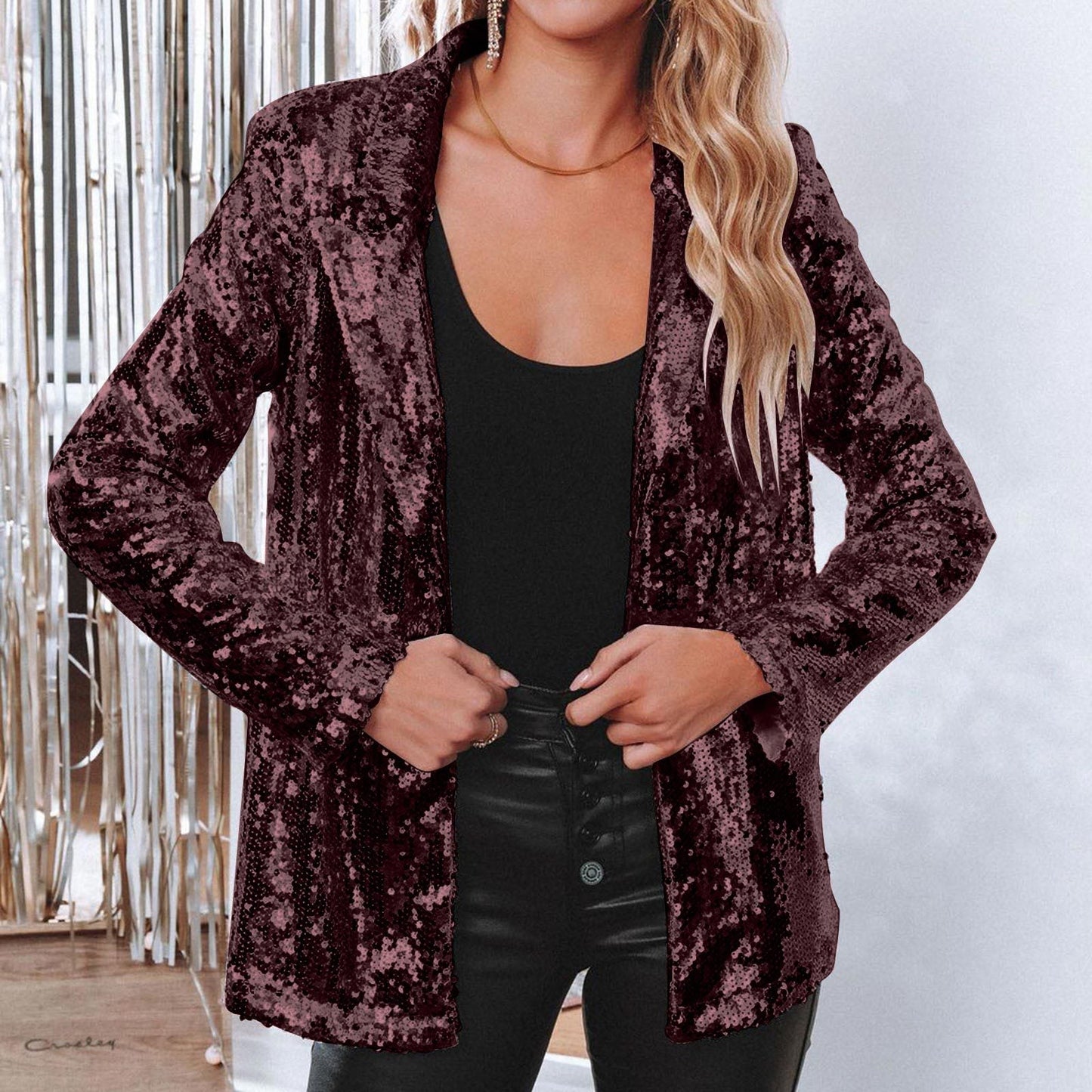 Women's Sequined Lapel Long-Sleeve Blazer in Claret - additional view 8 | Hensley London