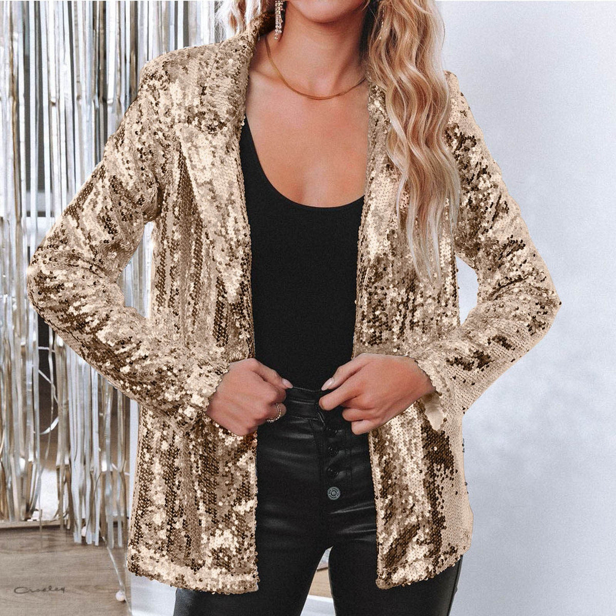 Women's Sequined Lapel Long-Sleeve Blazer in Champagne - additional view 9 | Hensley London