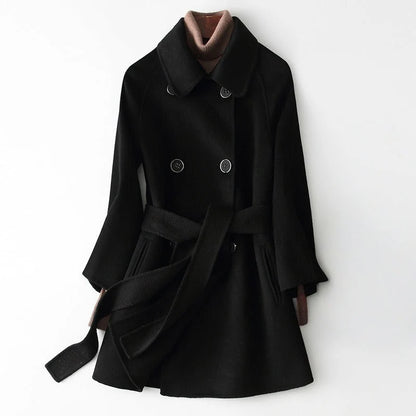 Women's Belted Double-Breasted Coat in Black – Product view | Hensley London