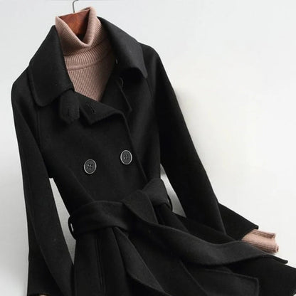 Women's Belted Double-Breasted Coat in Black – Product view | Hensley London