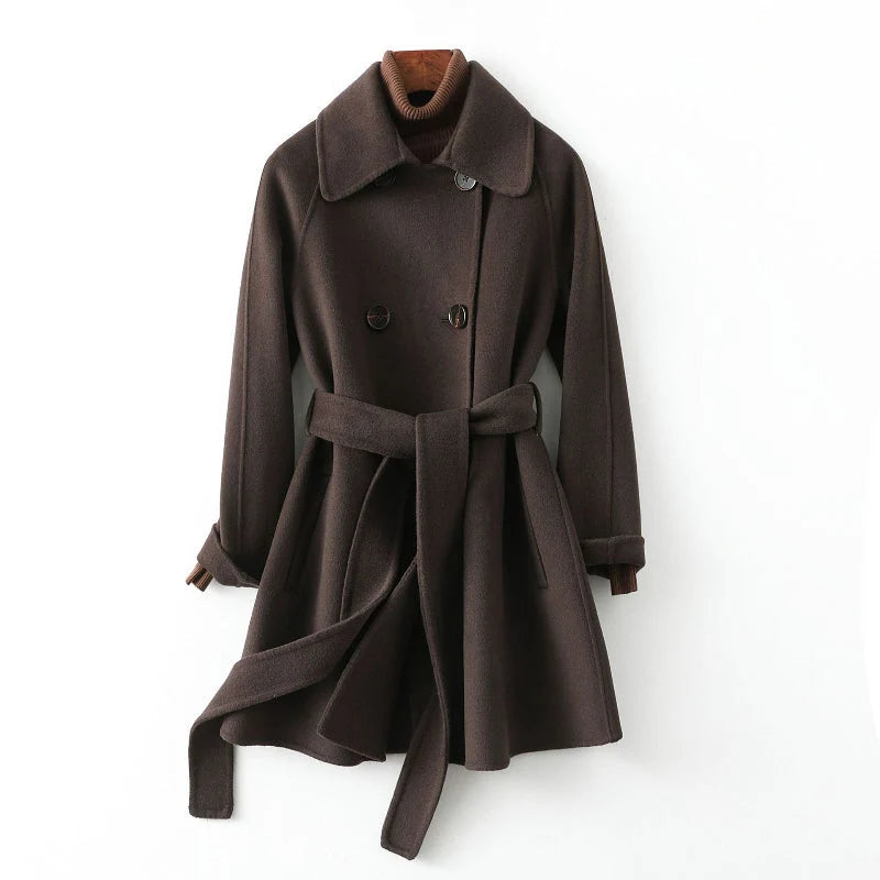 Women's Belted Double-Breasted Coat in Dark Brown – Product view | Hensley London