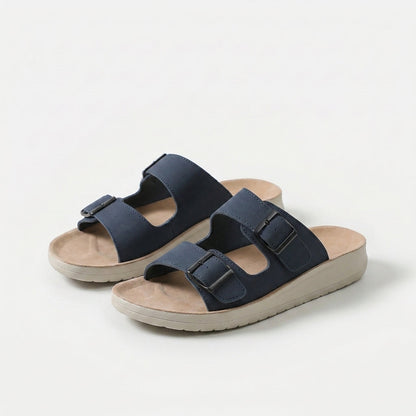 Women's Double-Buckle Comfort Slides in Blue – front view | Hensley London