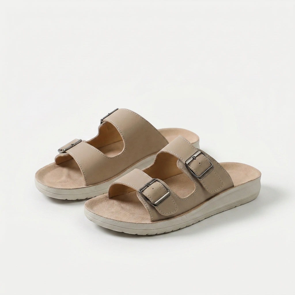 Women's Double-Buckle Comfort Slides in Dark Brown – angled view | Hensley London