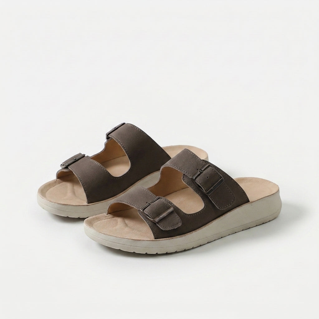 Women's Double-Buckle Comfort Slides in Khaki – top view | Hensley London
