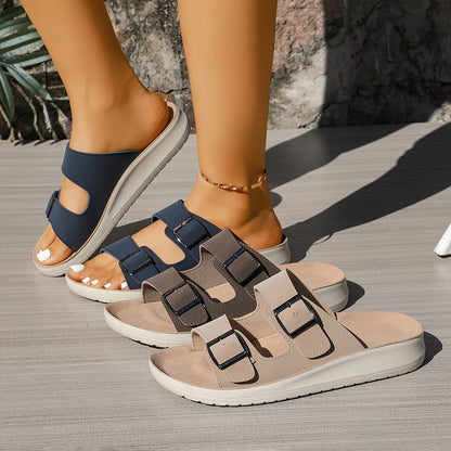 Women's Double-Buckle Comfort Slides in Blue – sole view | Hensley London