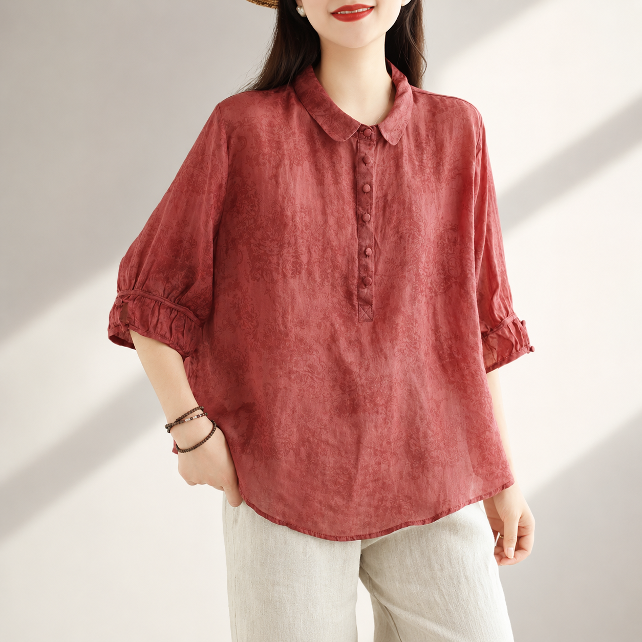 Women's Cotton Linen Oversized Collared Button-Up Blouse in Red – front view | Hensley London