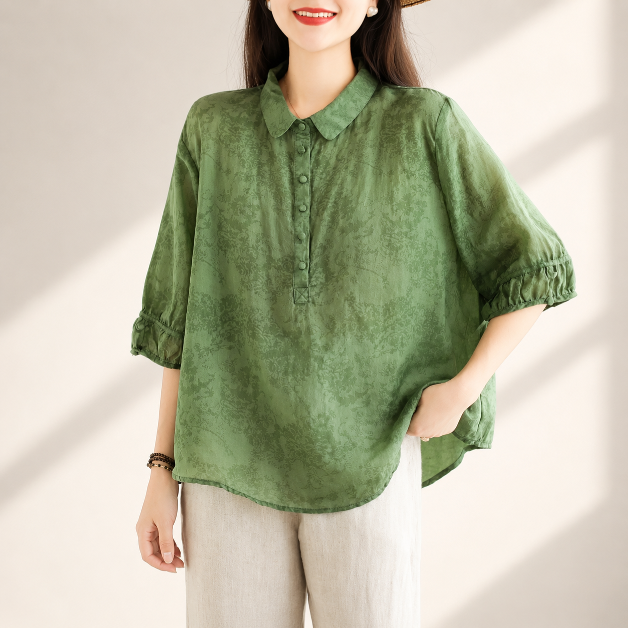 Women's Cotton Linen Oversized Collared Button-Up Blouse in Green – front view | Hensley London