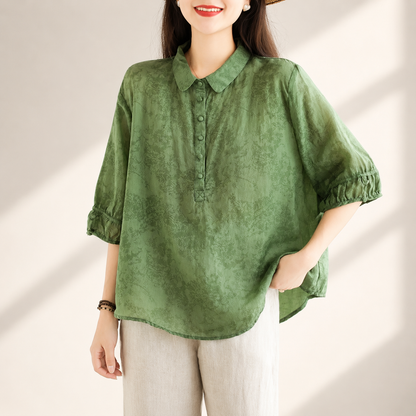 Women's Cotton Linen Oversized Collared Button-Up Blouse in Green – front view | Hensley London